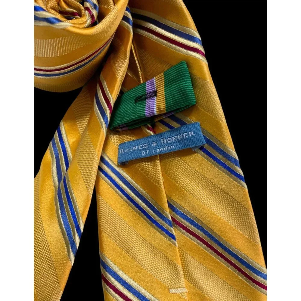 🆕HAINES & BONNER Yellow Striped Silk HANDMADE Tie 60
